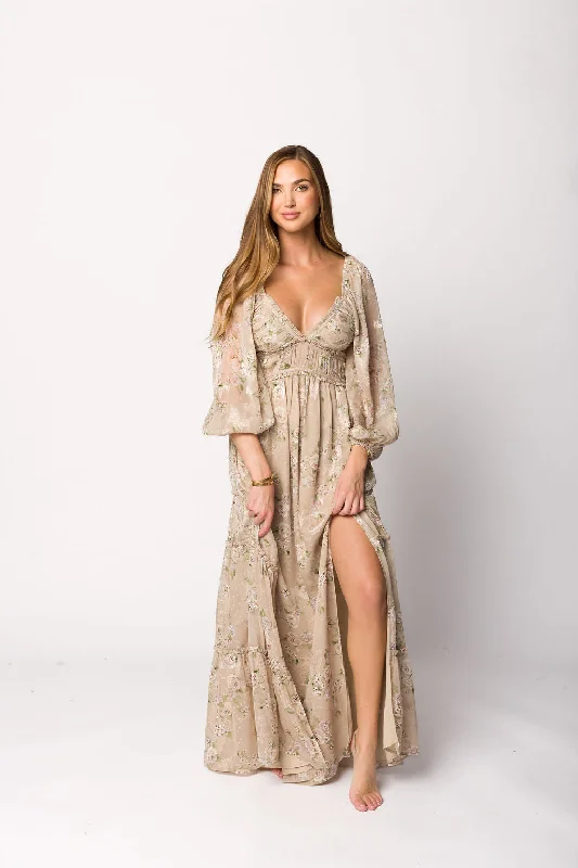 Gathered embroidered dress-Daphne Long Sleeve Maxi Dress in Beige Multi Floral - Bump Friendly & Inclusive Sizing (XS-3XL)