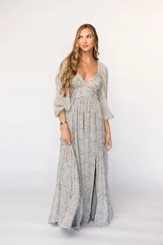 Artisan knit dress-Daphne Long Sleeve Maxi Dress in Sage/Pink/Ivory Floral - Bump Friendly & Inclusive Sizing (XS-3XL)