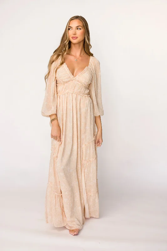 Rare evening dress-Daphne Long Sleeve Maxi Dress in Light Beige/White Floral - Bump Friendly & Inclusive Sizing (XS-3XL)