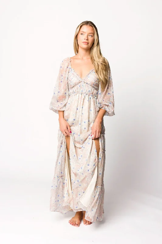 Cheap casual dress-Daphne Long Sleeve Maxi Dress in Beige/Blue Floral - Bump Friendly & Inclusive Sizing (XS-3XL)