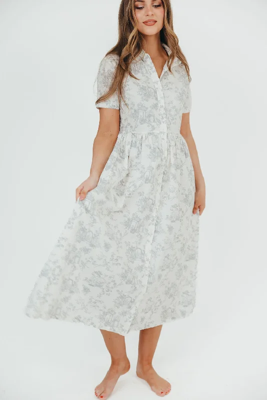 Hazy misty dress-Coastal 100% Cotton Midi Dress in Ivory/Grey/Blue - Bump & Nursing Friendly & Inclusive Sizing (S-3XL) Final Restock!!