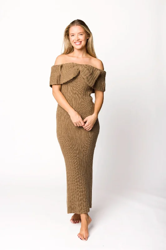 Citron bright dress-Aston Bow Front Maxi Sweater Dress in Brown