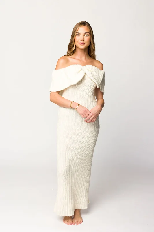 Sage casual dress-Aston Bow Front Maxi Sweater Dress in Ivory PRE-ORDER 12/12