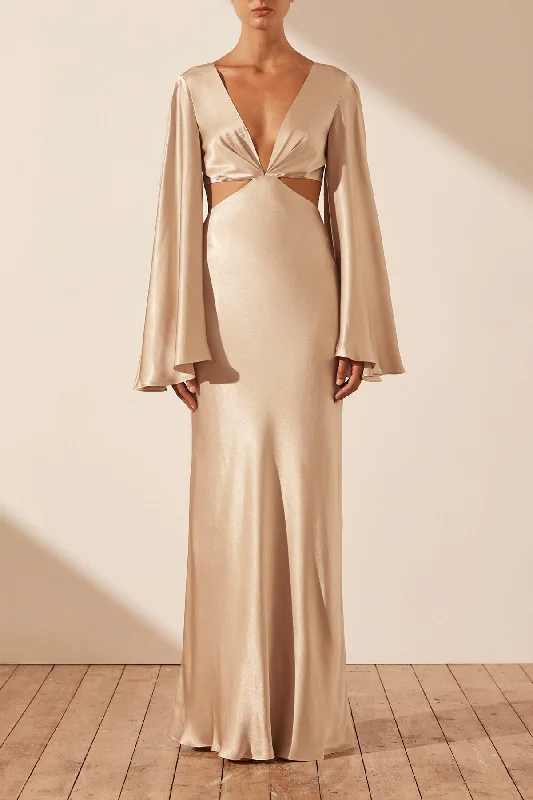 Solid stylish dress-LA LUNE FLARED SLEEVE OPEN BACK MAXI DRESS - GOLD