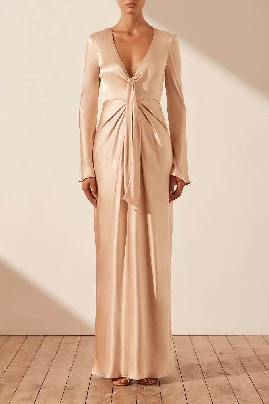 Apricot reef dress-LA LUNE PLUNGED TIE FRONT MAXI DRESS - DESERT ROSE