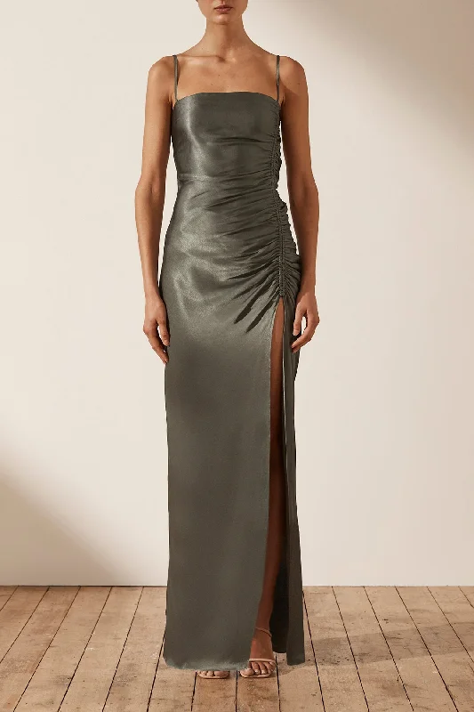 Amber glam dress-LA LUNE RUCHED MAXI DRESS - OLIVE