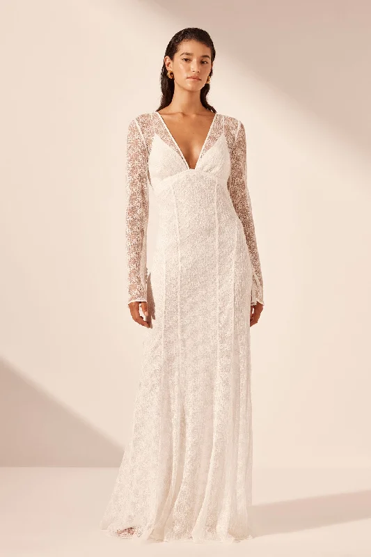 Parade fringe dress-LA LUNE SOL LACE PLUNGED PANELLED MAXI DRESS - IVORY