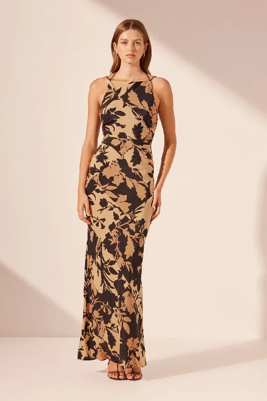 Crisp sheath dress-LAI SILK HIGH NECK RUCHED MAXI DRESS