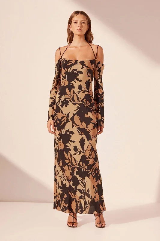 Gathered ruffle dress-LAI SILK OFF THE SHOULDER TIE MAXI DRESS