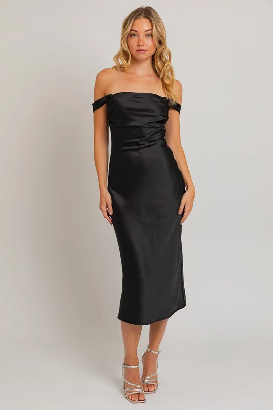 Slim tucked dress-Late Night Off The Shoulder Satin Midi Dress