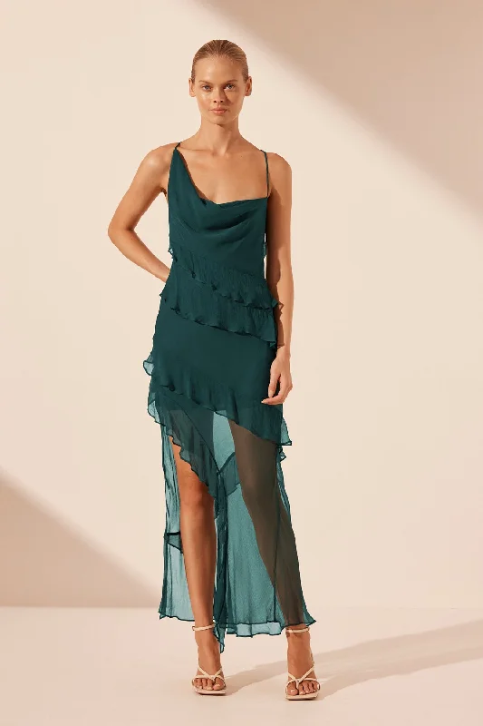 Pleated satin dress-LAYLA ASYMMETRICAL RUFFLE MAXI DRESS - DARK TEAL