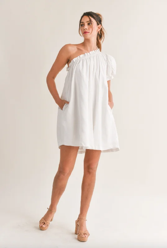 Knotted casual dress-Linen One Shoulder Mini Dress