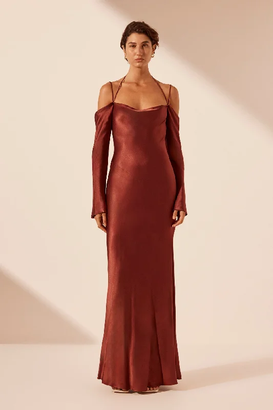 Iridescent shimmer dress-LINO OFF SHOULDER TIE MAXI DRESS - MAHOGANY