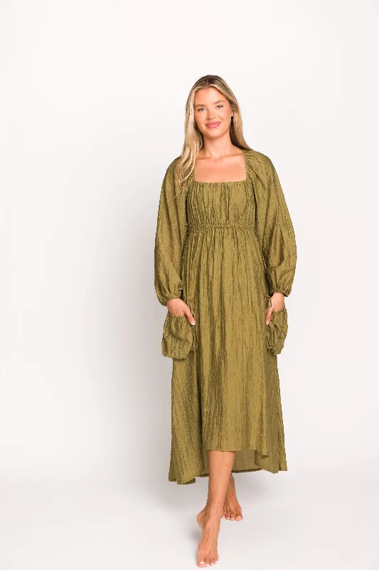 Shadow lace dress-Ariana Long Sleeved Maxi Dress with Slouchy Pocket in Olive