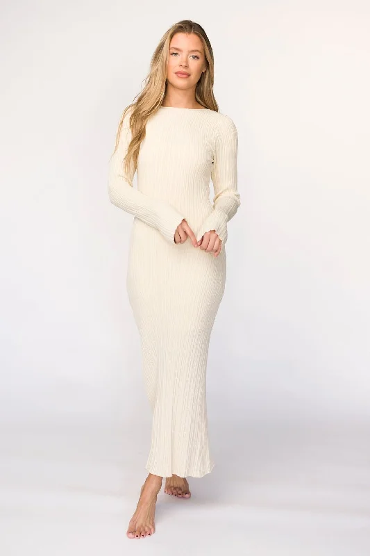 Structured prom dress-Allie Long Sleeve Ribbed Maxi Dress in Ivory (Lined)