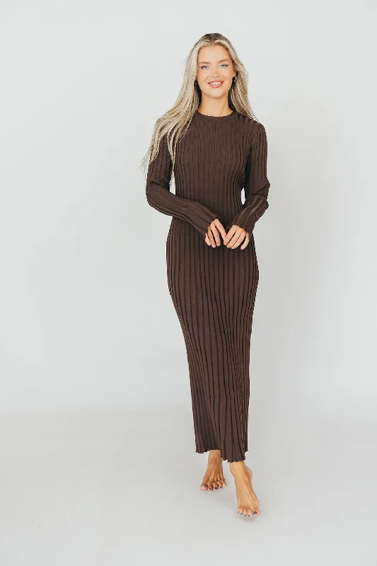 Tufted fall dress-Colette Premium Long Sleeved Ribbed Knit Maxi Dress in Brown - Bump Friendly