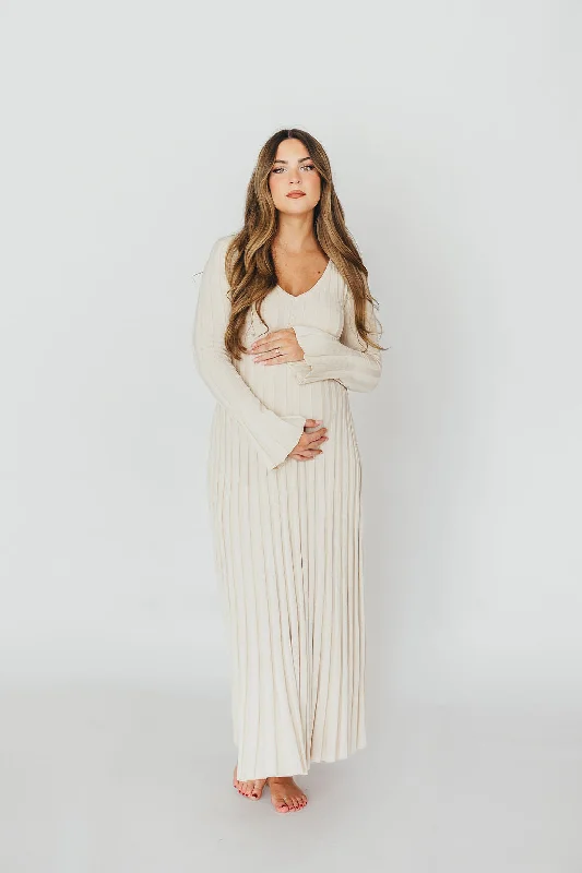 Ash knit dress-Hadley Long Sleeve V-Neck Knit Maxi Dress in Cream Taupe (Restocking in January)