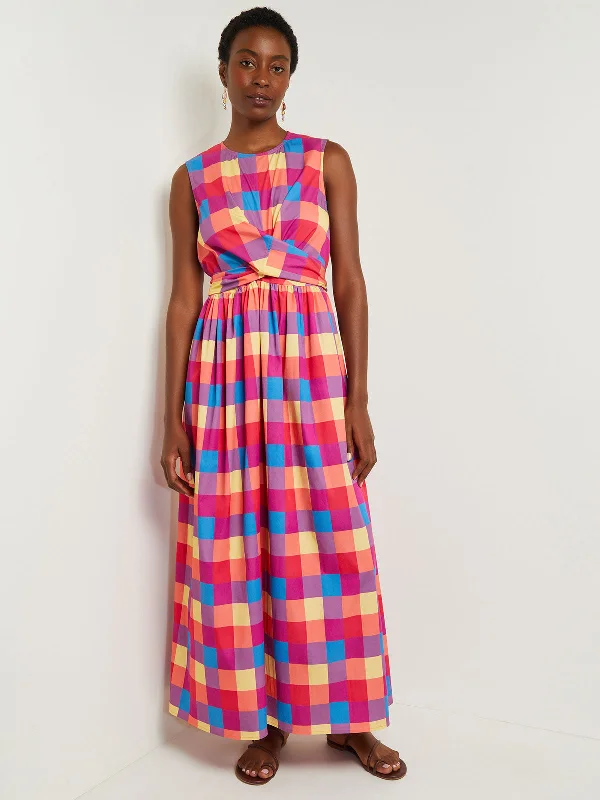 Bejeweled prom dress-Maxi Tie Waist Dress - Plaid Cotton Blend