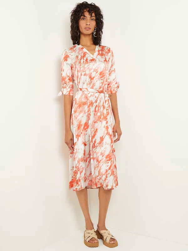 Elastic boho dress-Midi A-Line Dress - V-Neck Print Crepe de Chine