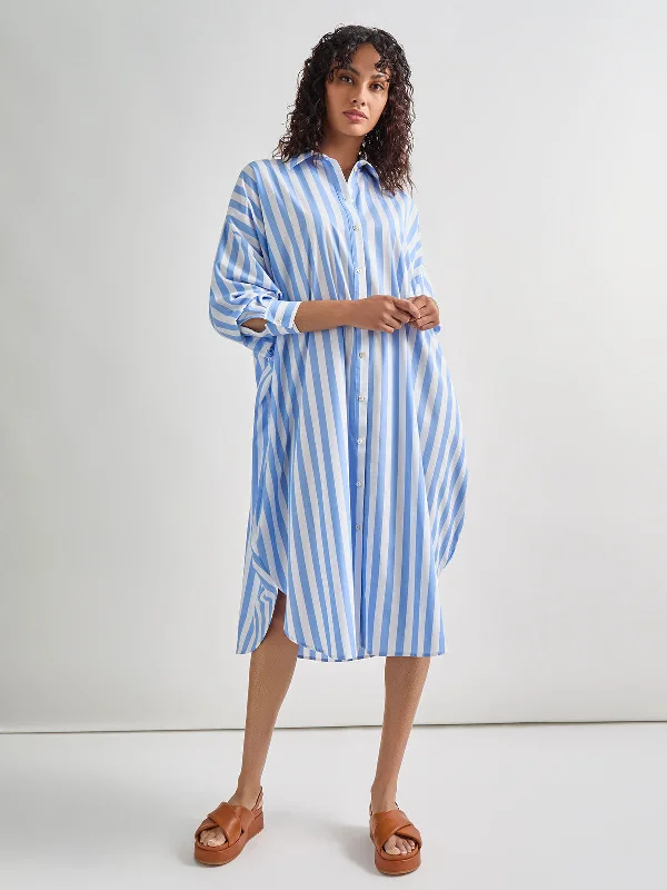 Sage casual dress-Midi Oversized Shirtdress - Striped Woven