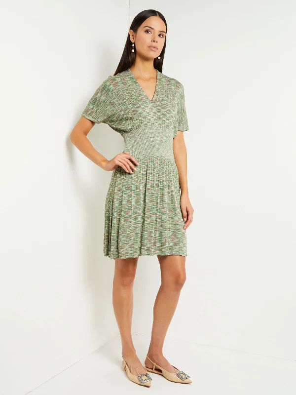 Sage casual dress-Mini Fit & Flare Dress - V-Neck Pleated Knit