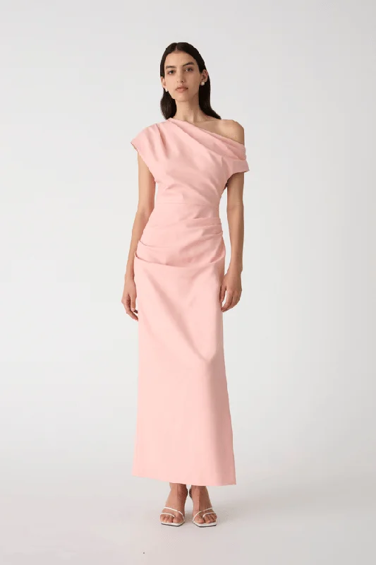 Raised-waist empire dress-Gia Midi Dress Rose Quartz Pink