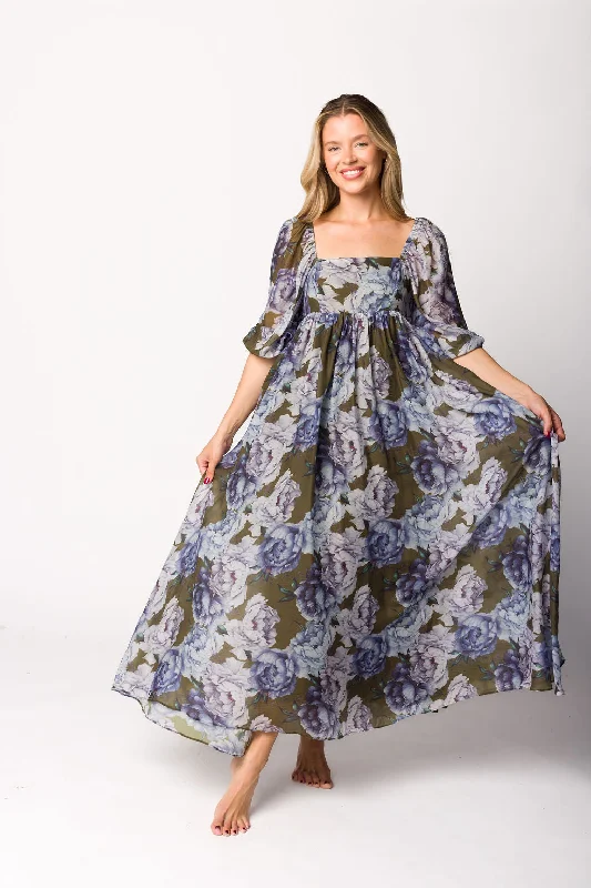 Quiet faint dress-Mona Maxi Dress in Olive/Blue Floral - Bump Friendly