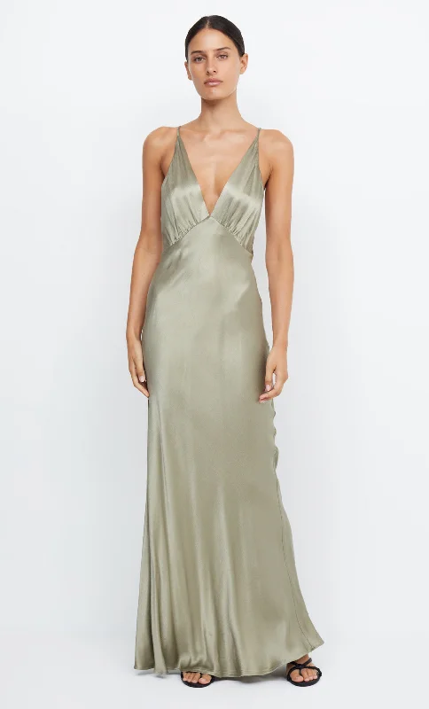 Box-pleat work dress-MOON DANCE V MAXI DRESS - SAGE