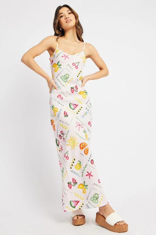 Elastic relaxed dress-Multi Abstract Maxi Dress Bias Cut