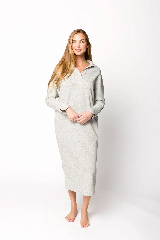 Firm crisp dress-Myra Collared Long Sleeve Maxi Dress in Heather Grey