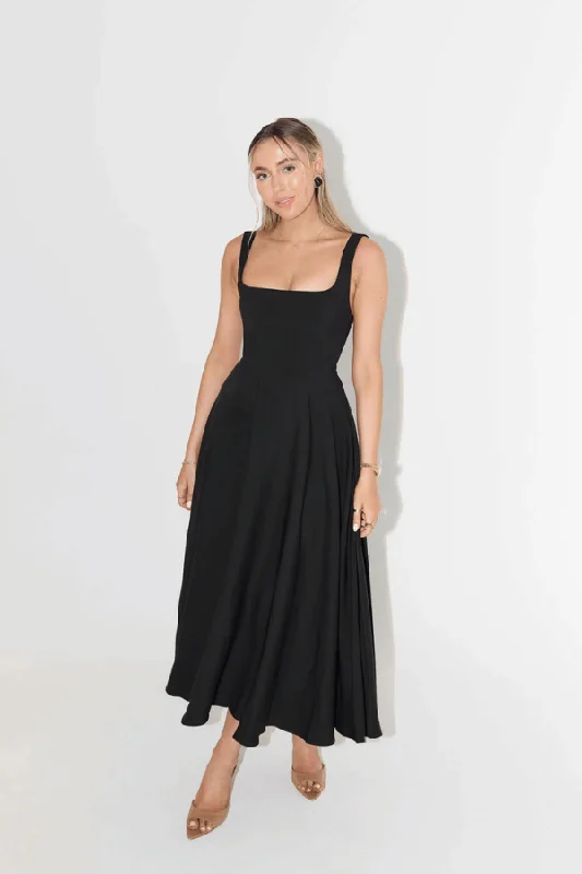 Gemstone gala dress-The Ultimate Muse High Waist Square Neck Midi Dress Black