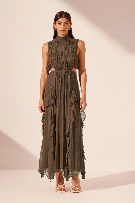 Woven embroidered dress-ODEN BACKLESS FRILL MAXI DRESS - OLIVE