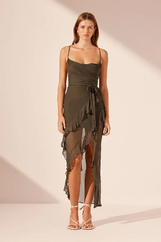 Enduring fit dress-ODEN COWL NECK ASYMMETRICAL MAXI DRESS - OLIVE