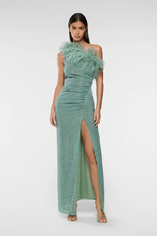 Enduring navy dress-Lumiere Plumage One Shoulder Dress Aqua