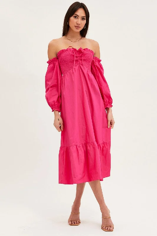 Neat office dress-Pink Dress Off Shoulder Maxi