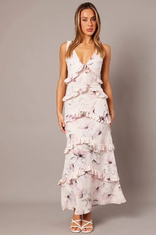 Bloom patch dress-Pink Floral Maxi Dress Tiered Ruffles