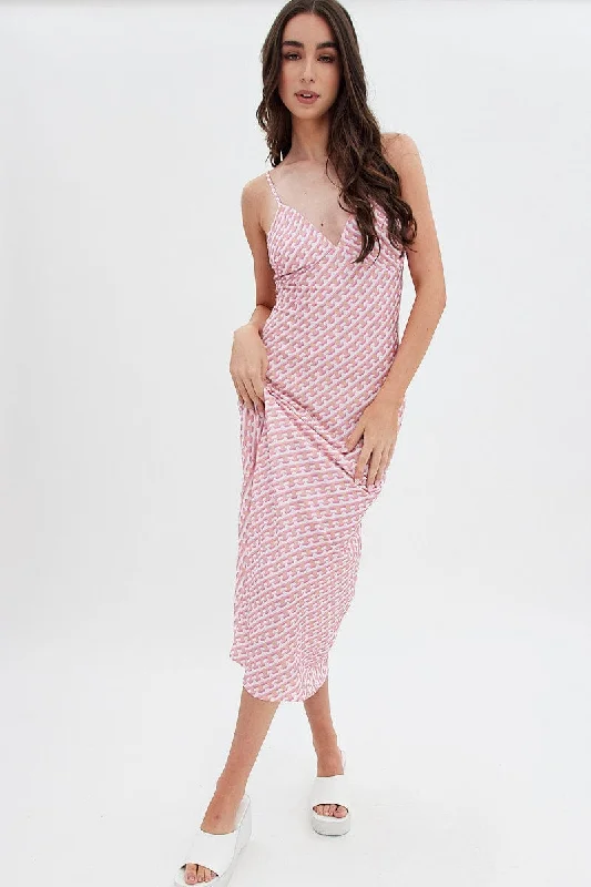 Blended gradient dress-Pink Geo Midi Dress V-Neck Sleeveless