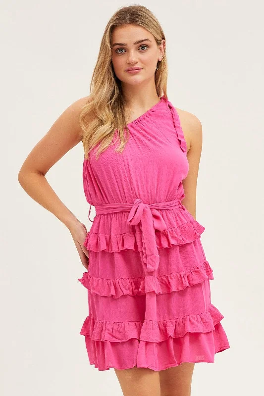 Bow-tie sundress-Pink Mini Dress One Shoulder Sleeveless