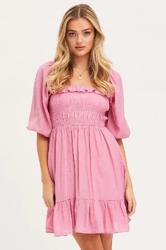 Elastic boho dress-Pink Mini Dress Short Sleeve Evening