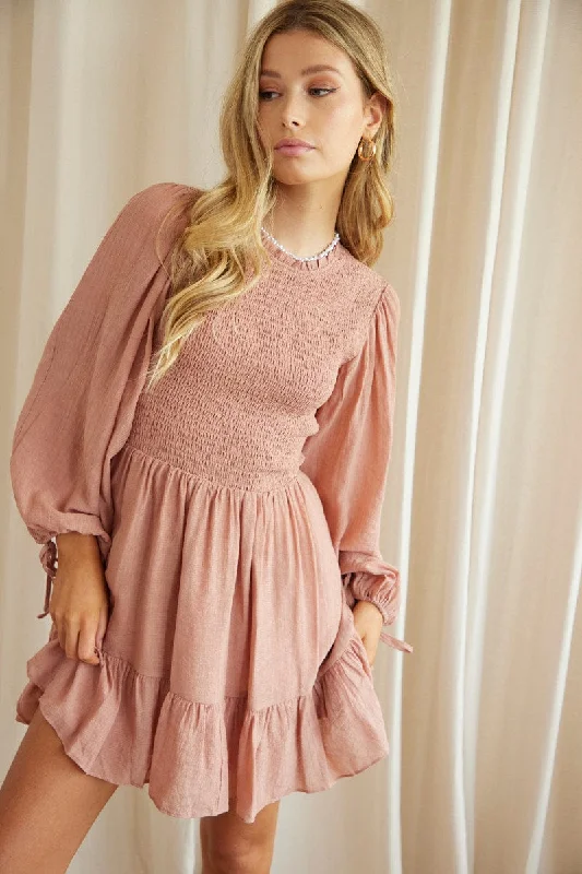 Georgette pleated dress-Pink Shirred Dress Short Sleeve Mini