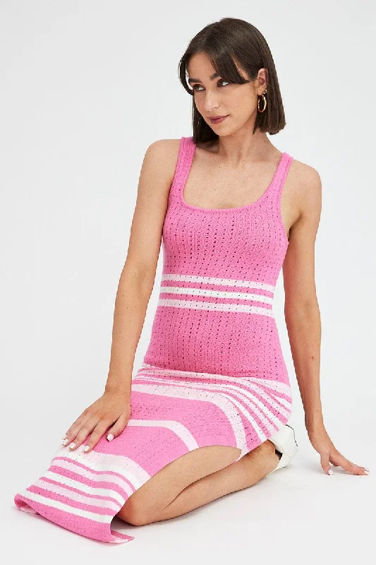 Box-pleat evening dress-Pink Stripe Knit Dress Sleeveless Midi