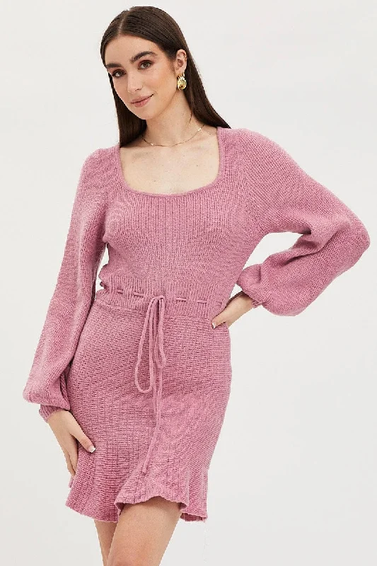 Fresh light dress-Pink Tie Up Dress Long Sleeve Mini