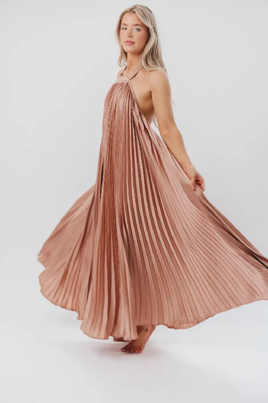 Segmented modern dress-Maren Pleated Halter Maxi Dress in Mauve - Bump Friendly (S-XL)