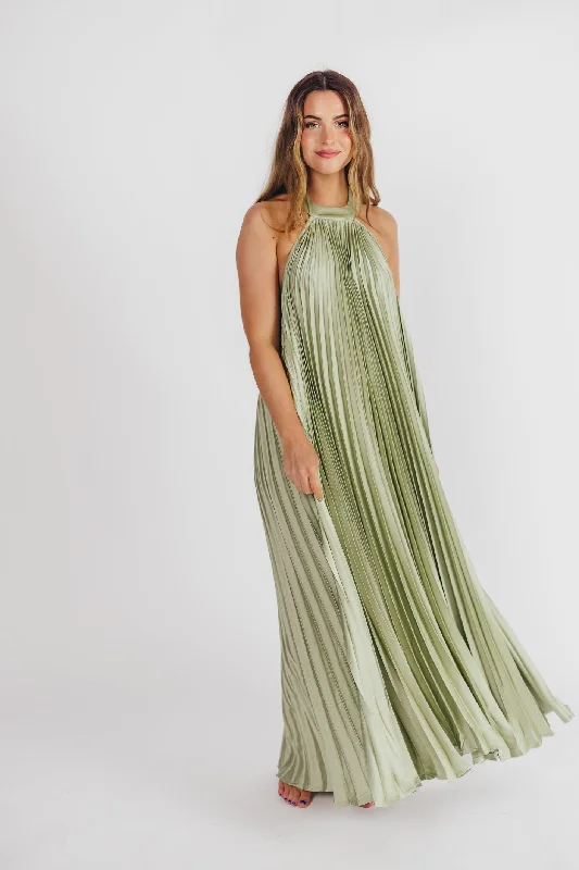 Tiger print dress-Maren Pleated Halter Maxi Dress in Sage - Bump Friendly (S-XL) Almost Sold Out!