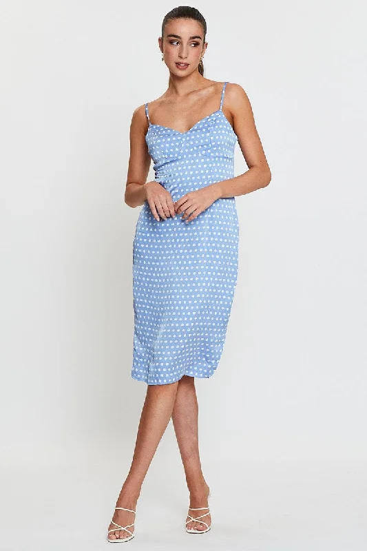 Striking bold dress-Polka Dot Midi Dress Sleeveless Evening