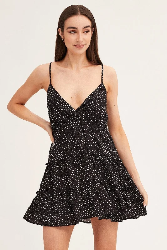 Glitzy club dress-Polka Dot Skater Dress Mini V Neck Sleeveless