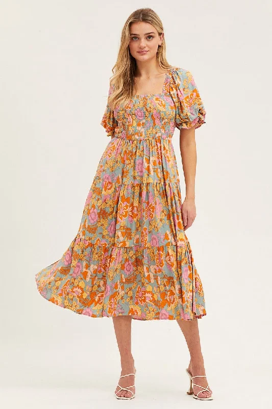 Segmented chic dress-Print Dress Puff Sleeve Maxi