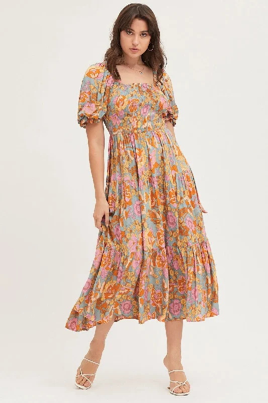 Midnight work dress-Print Maxi Dress Short Sleeve