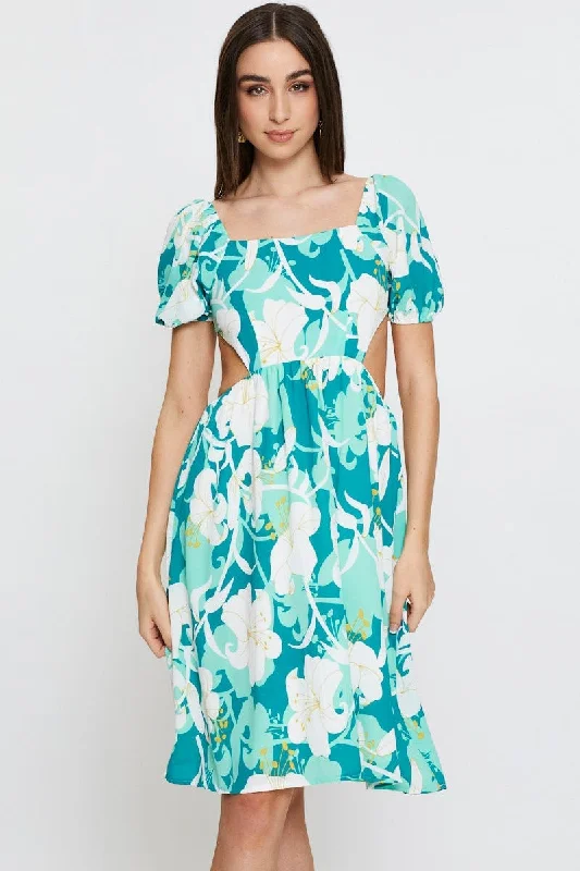 Turtle-neck office dress-Print Midi Dress Ruffle Detail Skater