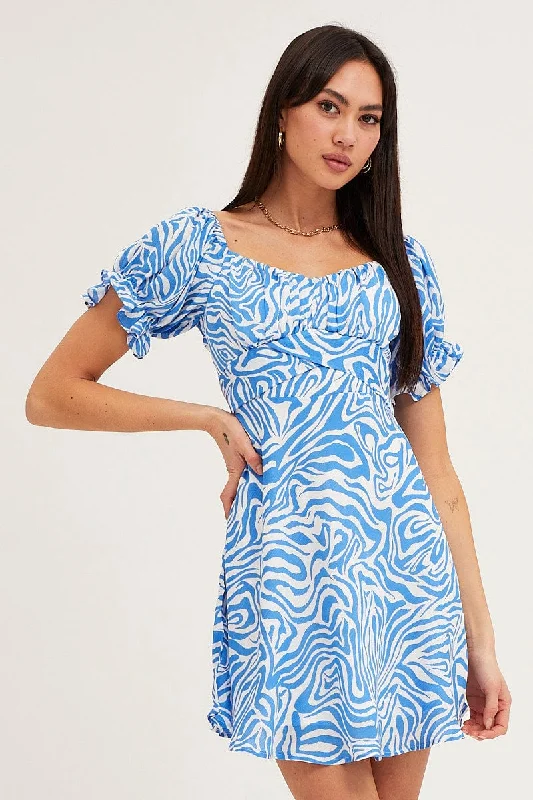 Fluid black dress-Print Midi Dress Short Sleeve Evening